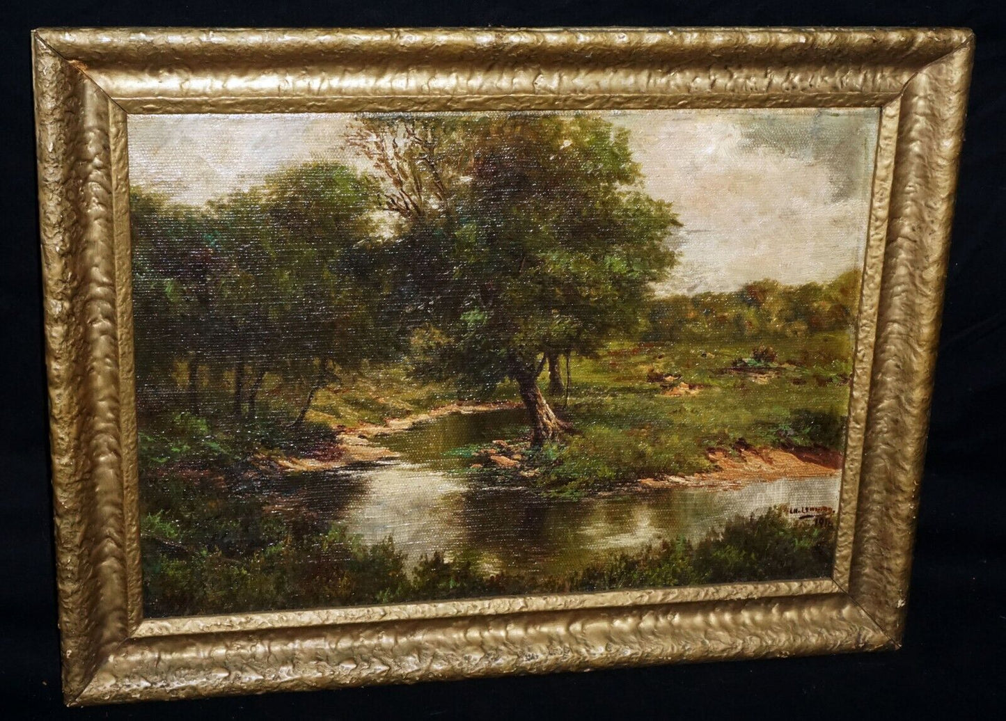 1911 US Framed Oil Painting Country Stream & Tree by L.H. Lemong (?) (New)