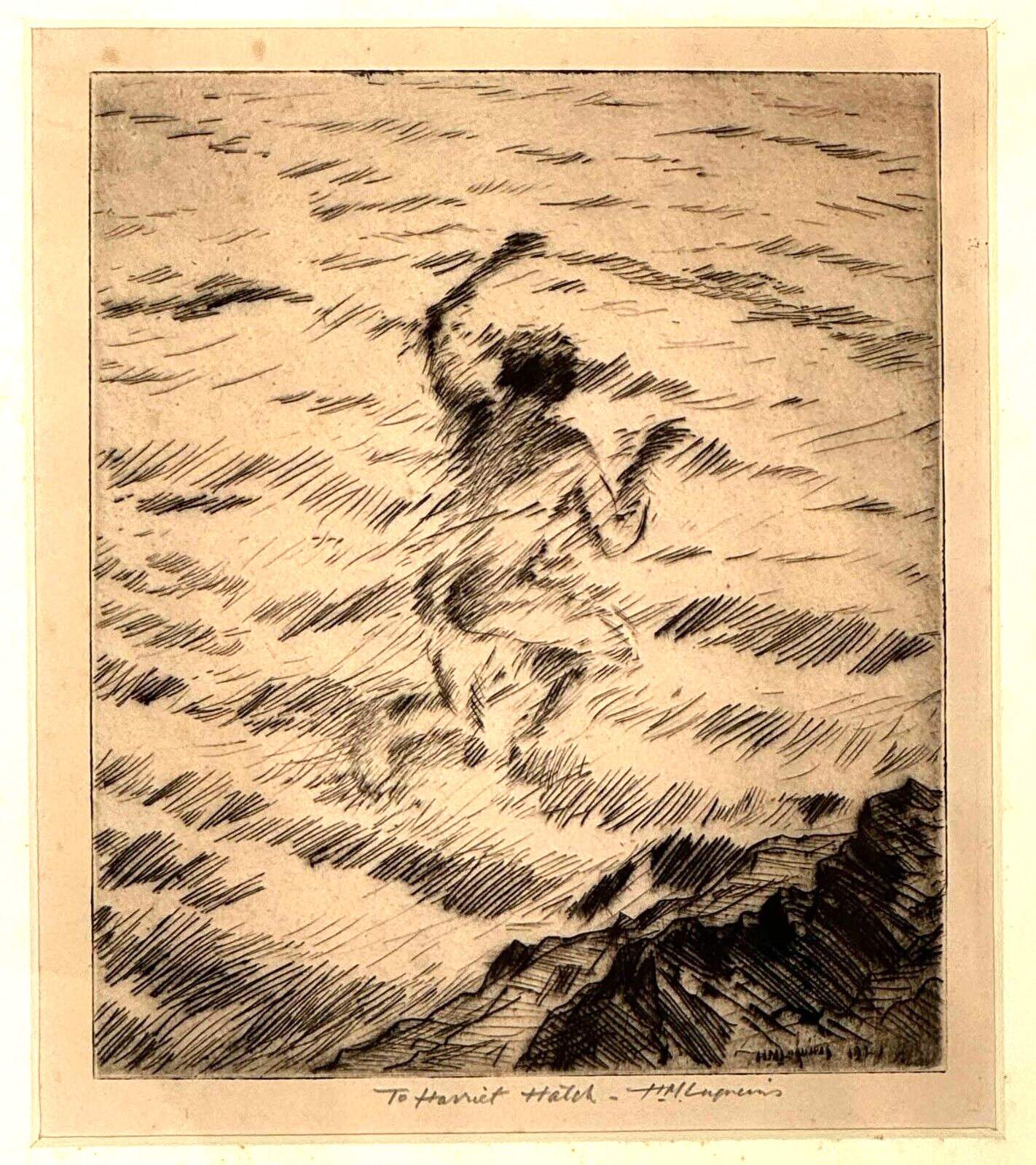 1921 Etching of a Man Swimming by Huc Mazelet Luquiens (KuK)