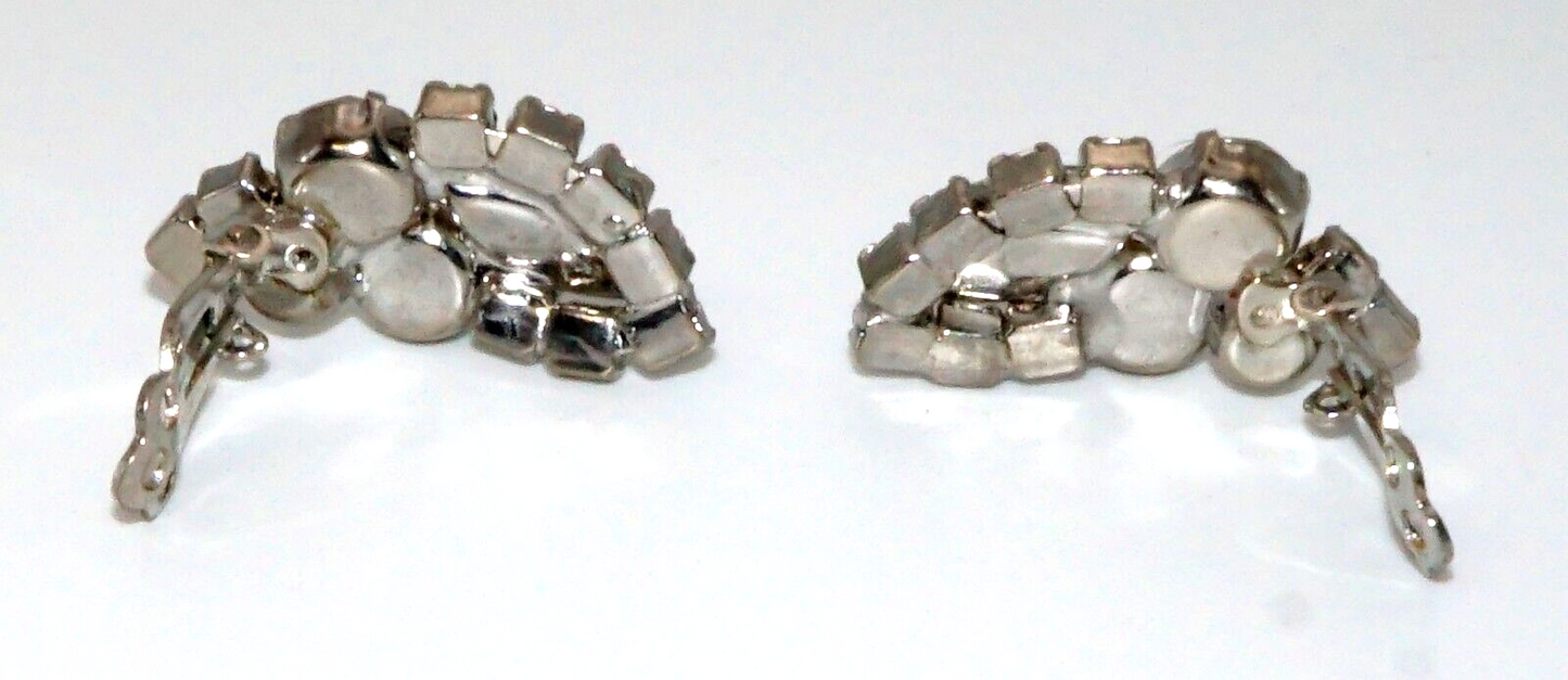 Vintage Silver tone Rhinestone Clip On Earrings w Round & Marquise Stones (McC)