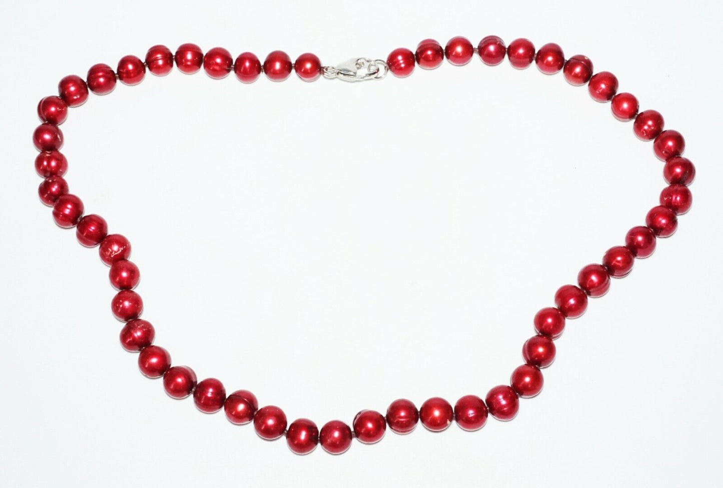 4Pc Sterling Silver & Red Pearl Necklace Ring Sz.8 & Pair Earrings Set (SaR)#441