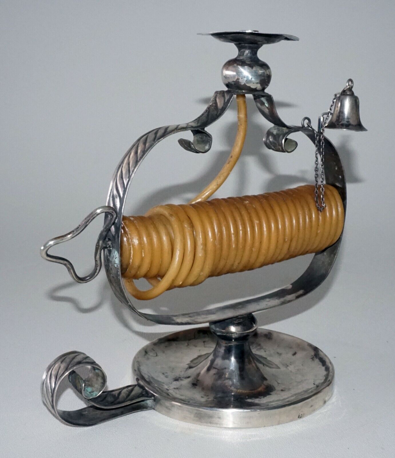 18C Spanish Silver Candle Stand Wax Jack w. Bell and illegible Hallmarks (MoW)