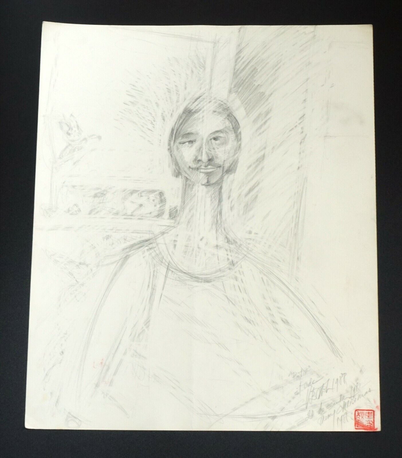 France Hawaii Outsider Art Pencil Drawing Xmas Portrait by Claude Vedel (EtJ)#72