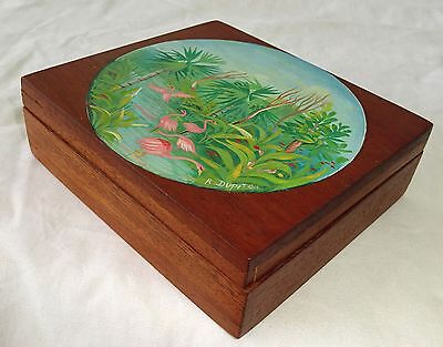1980s Haitian Mahogany Covered Box w Painted Pelican Motif by R. Dupiton (Stea)