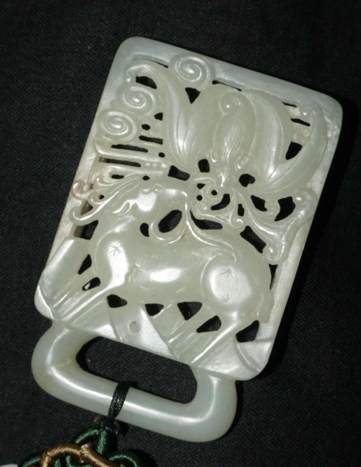 18C Chinese Grey Green Nephrite Jade Pierced Belt Buckle Deer & Bat (LeS)L23