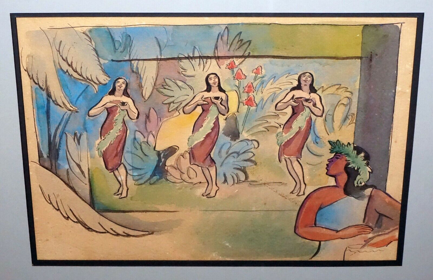 '40s Hawaii Ink & WC Painting Hula Dancers Robert L. Eskridge (1891-1975)(BeG)