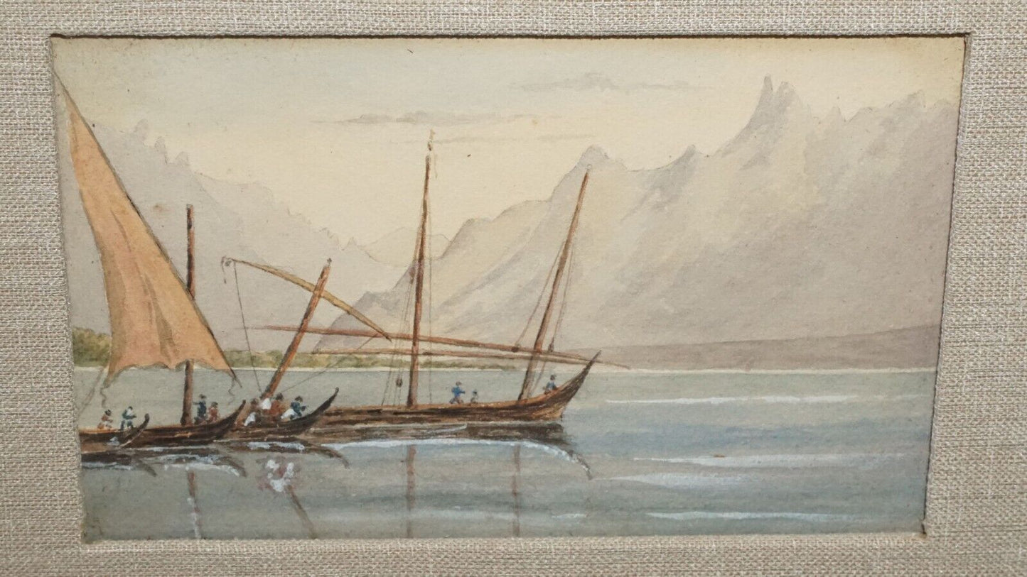 Antique Italian Miniature Gouache Painting Coastal Fisherman & Boats (New)
