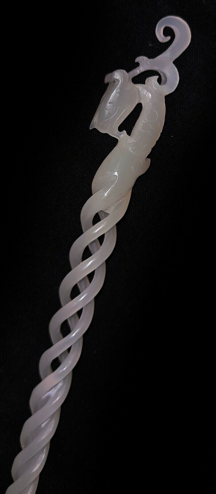 Vintage Chinese Pierced Spiral White Jade Hairpin Extremely Fine Carved (AHB)