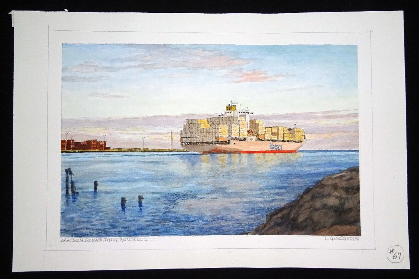 Orig Hawaii Watercolor Painting "Matson Departing Honolulu" by L. Segedin #67