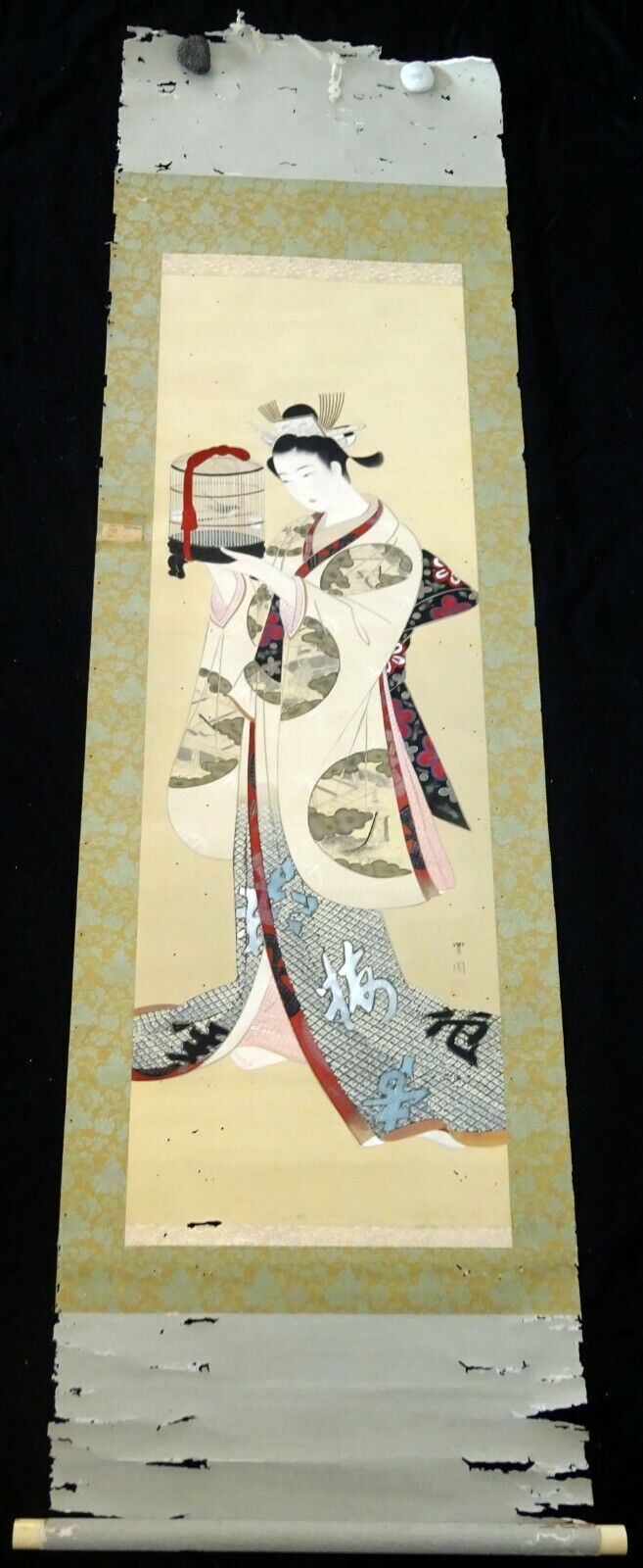 Japanese Taisho Showa Bijin Painting Beautiful Woman w. Bird Cage signed (Fuj)