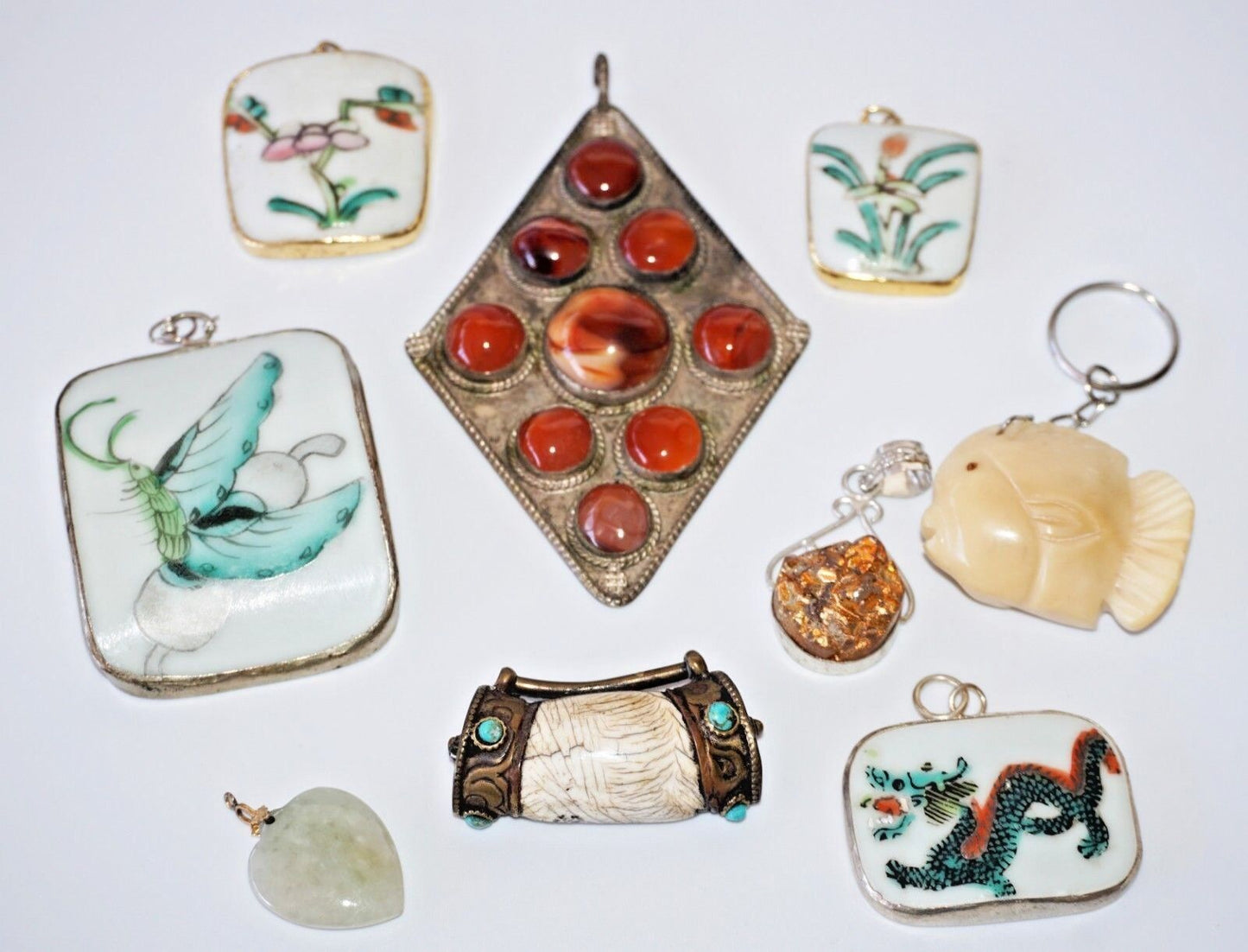 9x Vintage & Antique Oriental Silver Chard & Jade Mixed Pendant Lot (Yam)#18