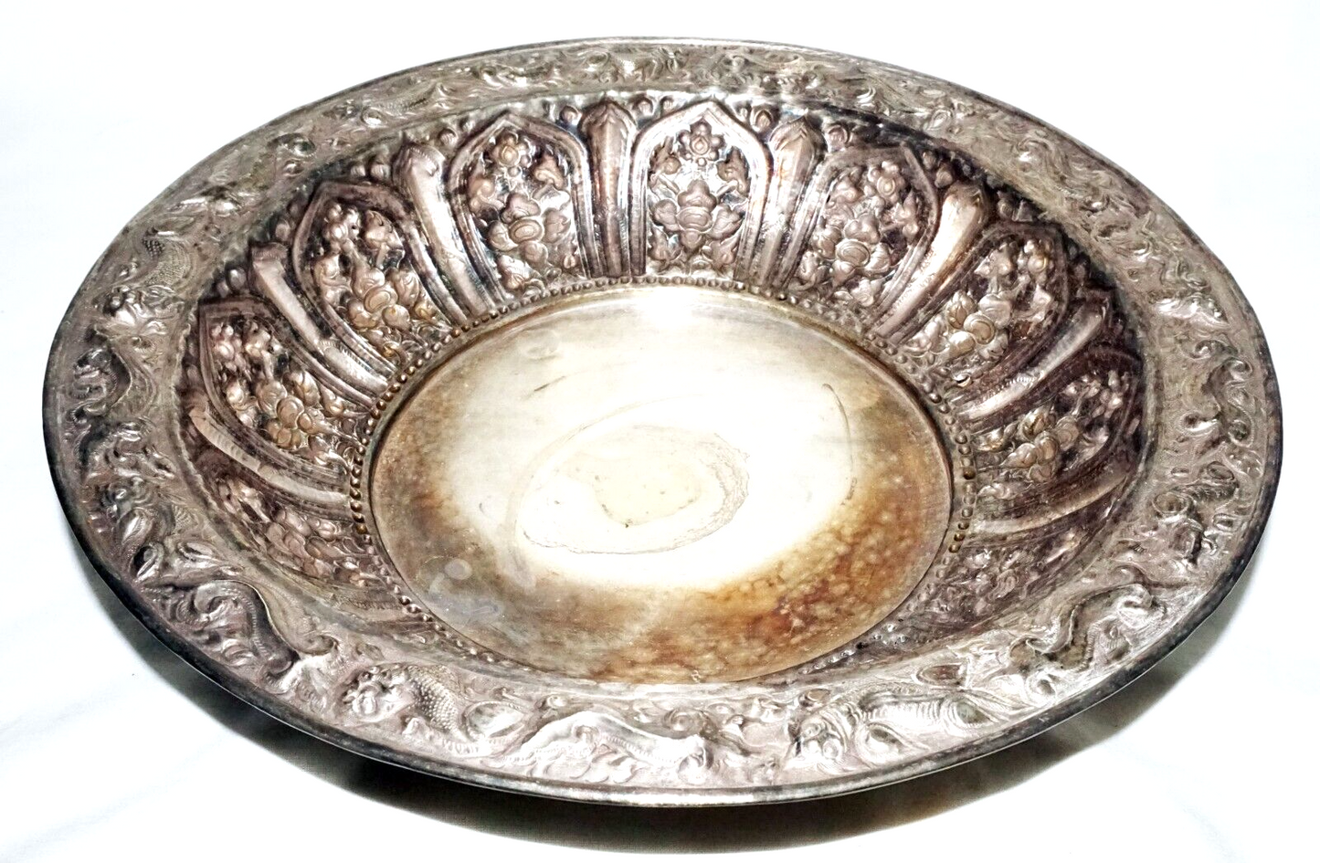 Vintage South East Asian Silver Alloy Deep Dish w. Relief Motifs & Marks (UVi)#7