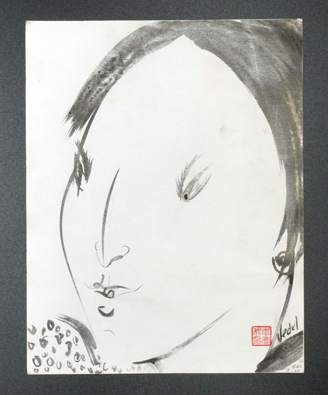 France Outsider Art Ink Painting Shakubuku Girl Portrait Claude Vedel (EtJ)#61