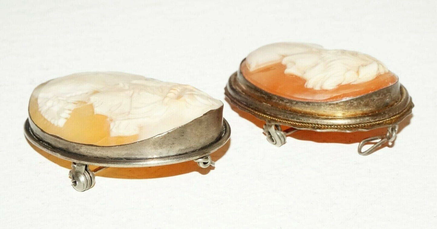 2Pc Italian 800 Silver Shell Cameo's Brooch Pendant w Female Bust Motif (HaY)#7
