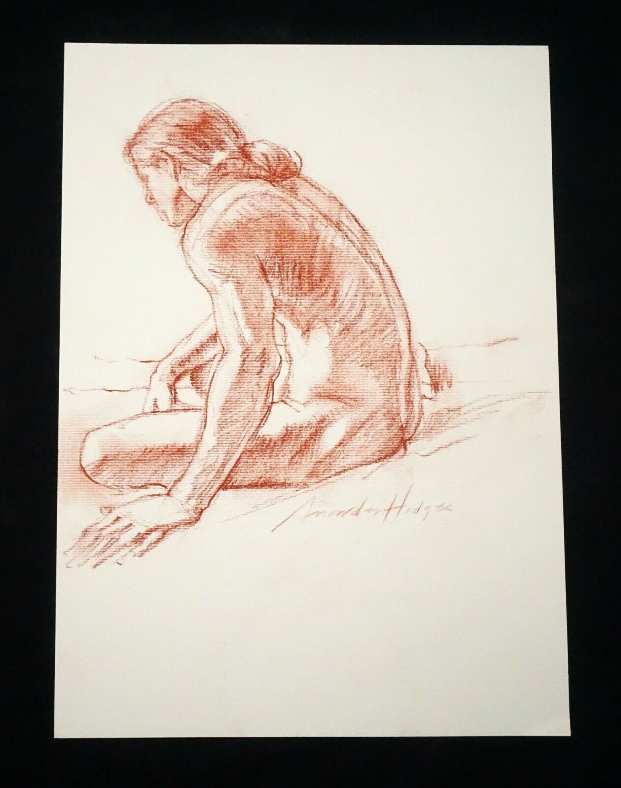 Hawaii Conte Crayon Drawing Seated Male Nude Back View Snowden Hodges (Sho)#40