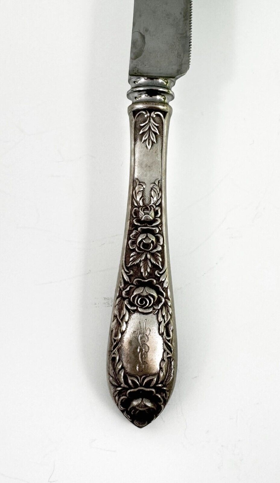 Vintage Sheffield Sterling Silver Floral Carving Knife w Monogram (WeP)