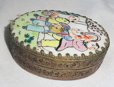 20CT Chinese oval Silver Box w. Porcelain Top "Children Motif Famile Rose (Ver)