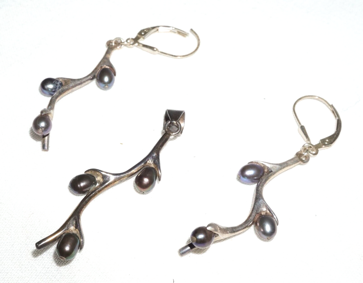 3Pc Vtg Sterling Silver & Grey Pearl Branch Motif Earrings & Pendant set (JoD)