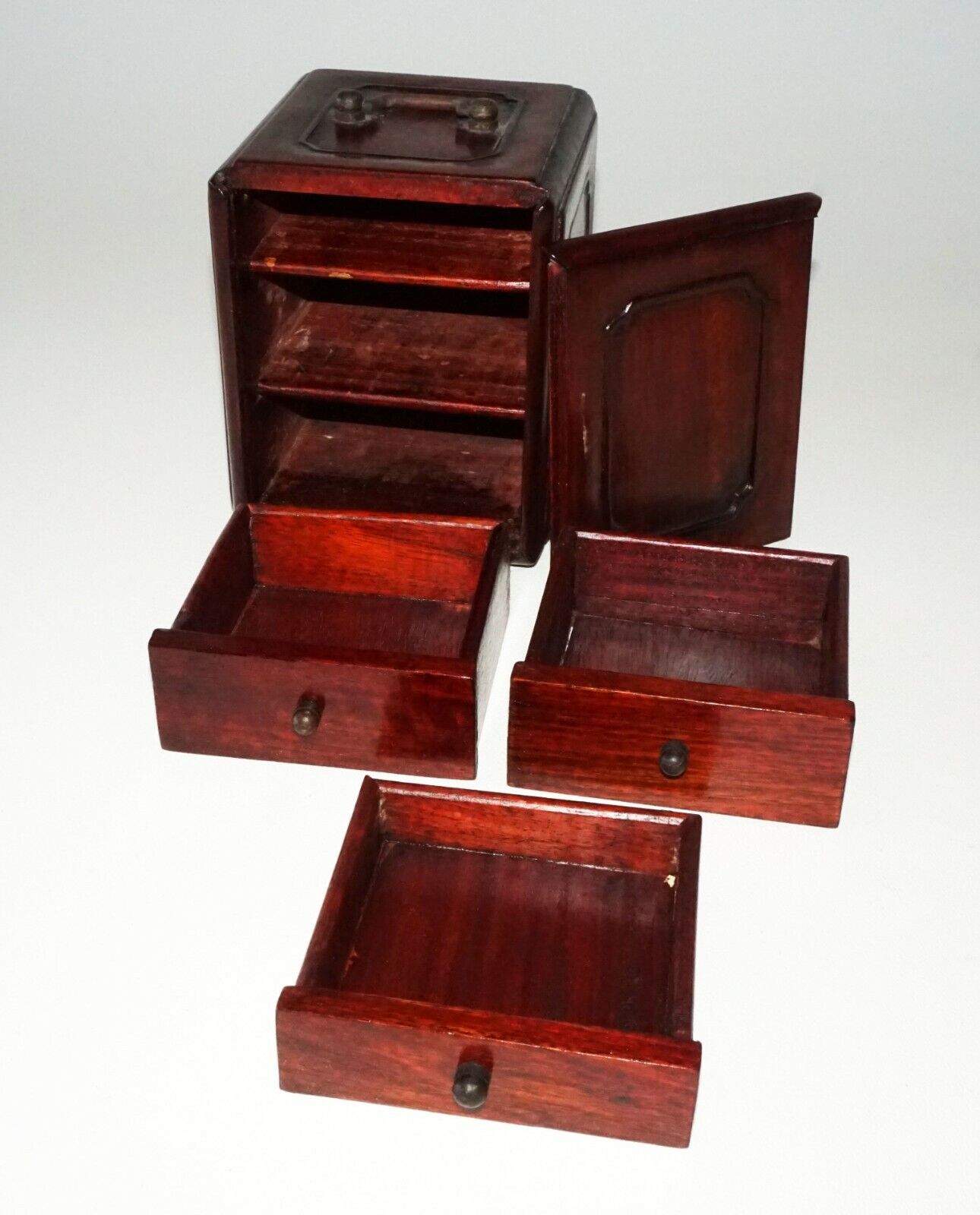 20C Chinese Hardwood 3x Drawer Mini Travel Chest w. Handle (CWo)