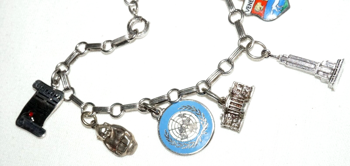 Vintage Sterling Silver & Enamel 8x World Travel Charms Bracelet (KoS) L11