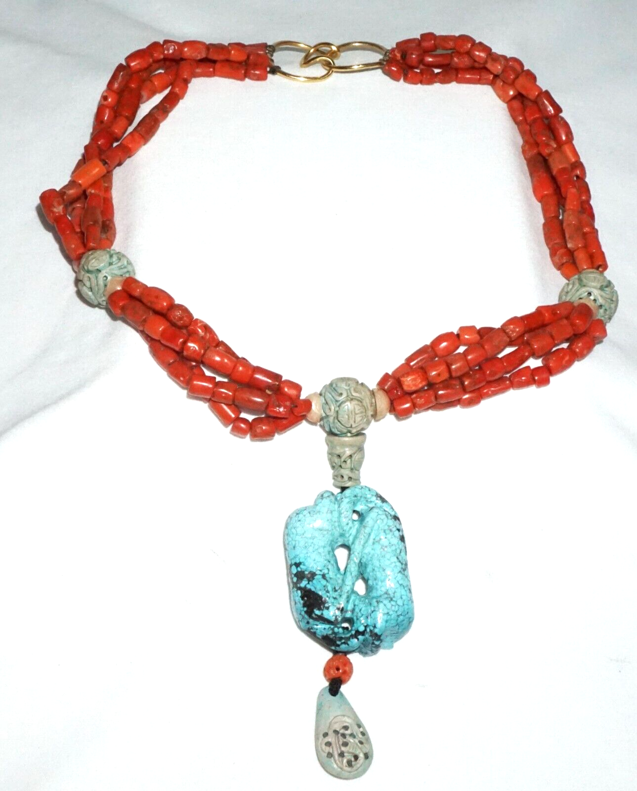 Chinese 14k Yellow Gold & Red Coral Bead Necklace w. Turquoise Pendant (GeB)#16