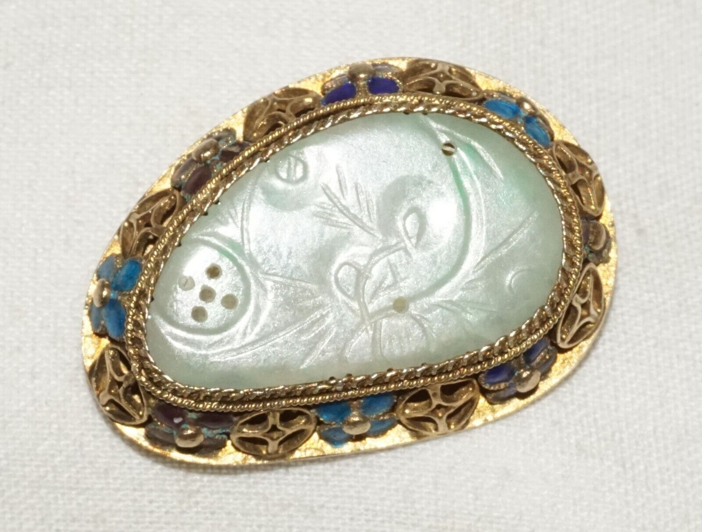 Antique Chinese Silver Filigree & Enamel Brooch set w. Jadeite Jade (InS)#L1-3