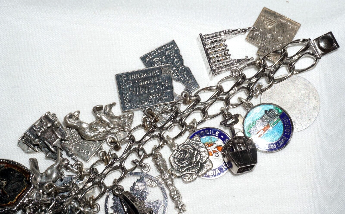 Vintage Sterling Silver Charm Bracelet w. 40x Travel & US State Charms (BrM)#6