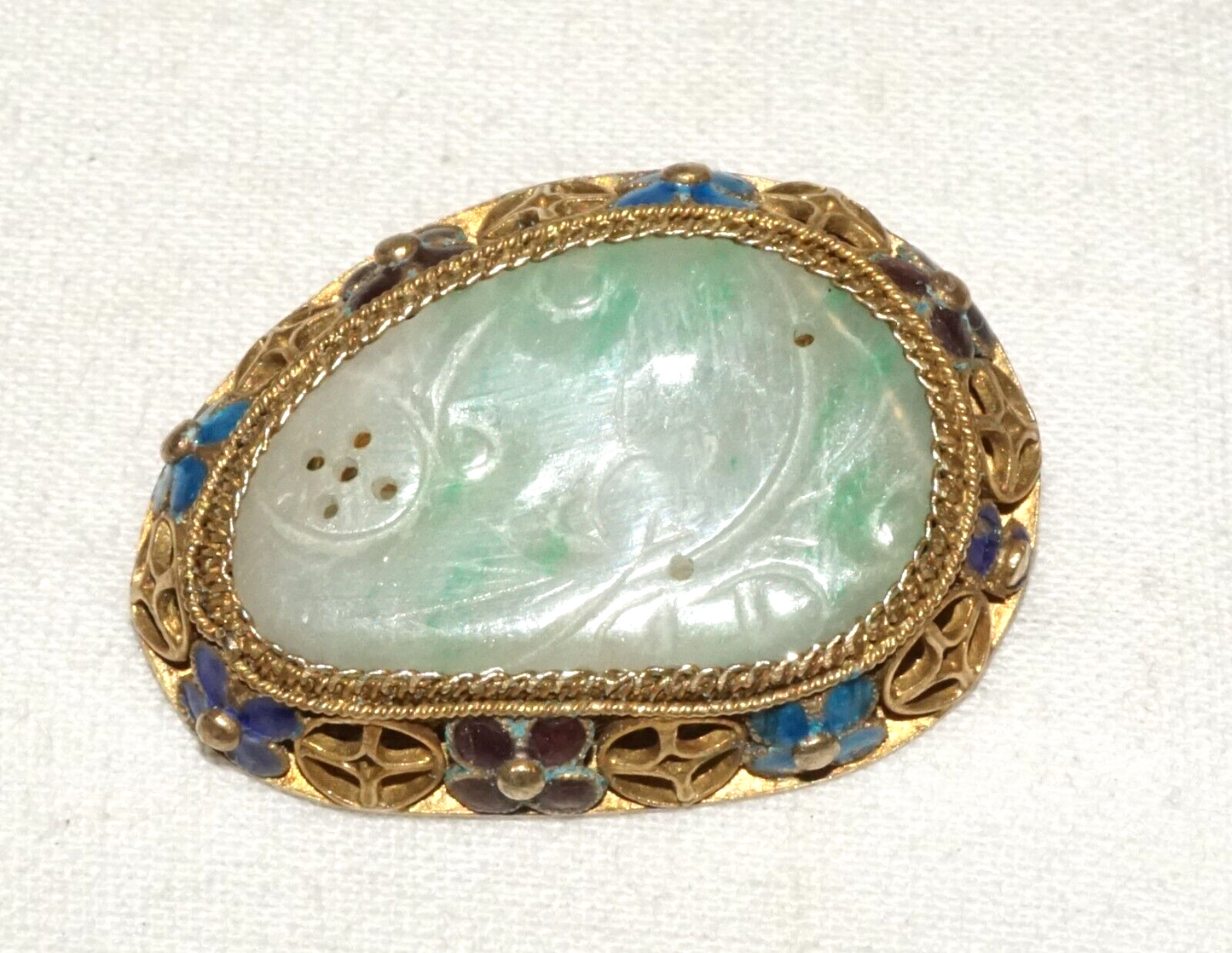 Antique Chinese Silver Filigree & Enamel Brooch set w. Jadeite Jade (InS)#L1-3