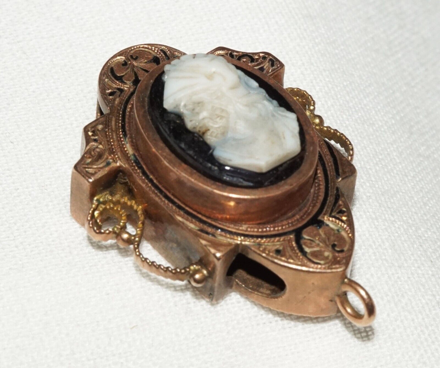 Antique Rose Gold & Black Enamel Slide Pendant w Shell Cameo Soldier Motif (AHB)