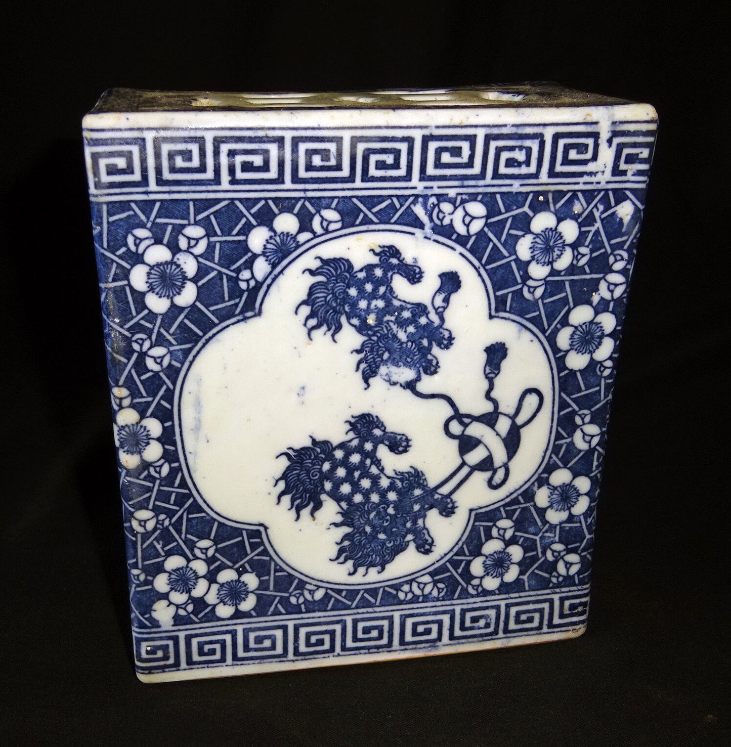 19/20C Japanese Porcelain Neck-Pillow w Stenciled Lion Dog & Floral Motifs (Drc)