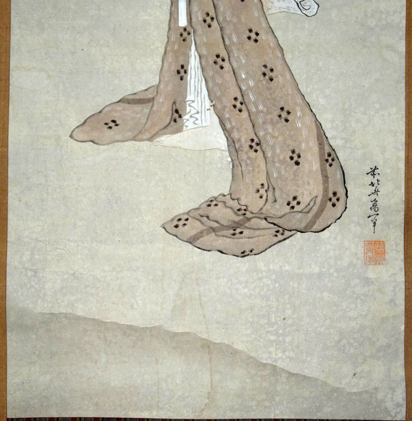 19C Japanese Painting Scroll of Beautiful Woman Reading School of Hokusai (StP)