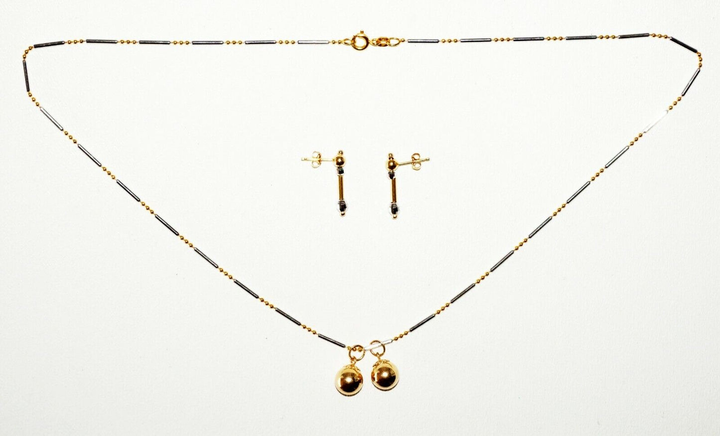 3Pc Vintage Italy 14K Yellow & White Gold Bead Necklace & Earrings Set (SaR)#188