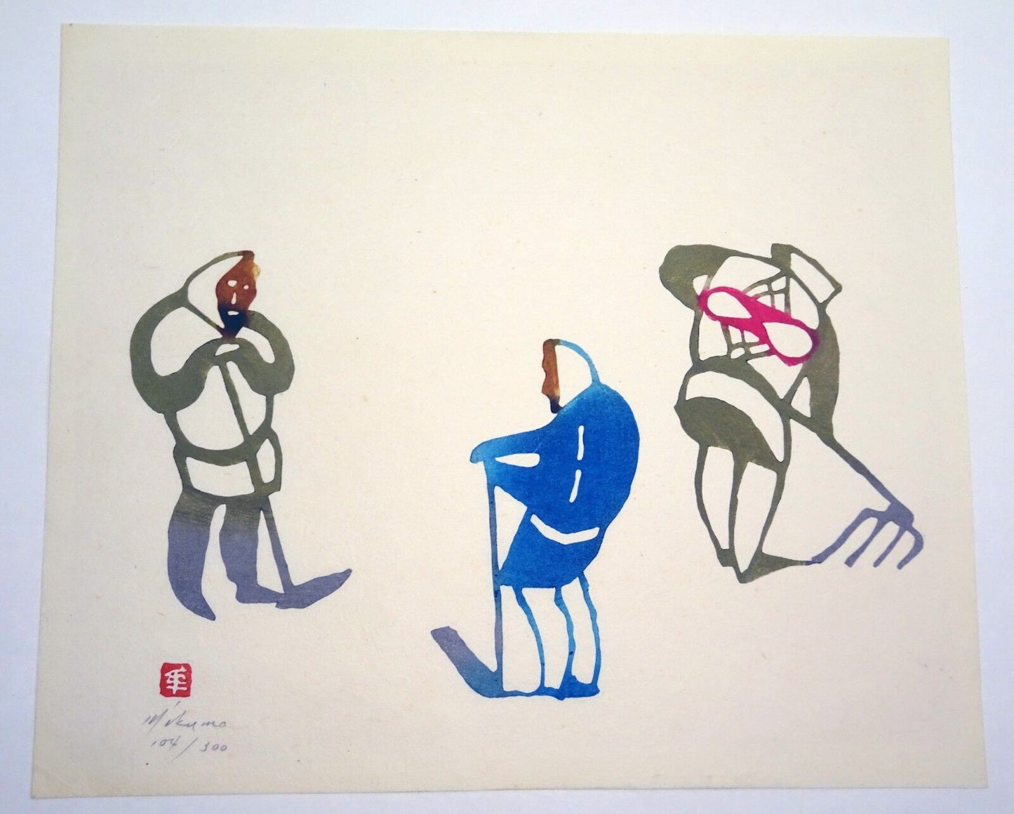1960s Japanese Woodblock Print "Three Figures Working" by Mikumo Ishihara (Fur)