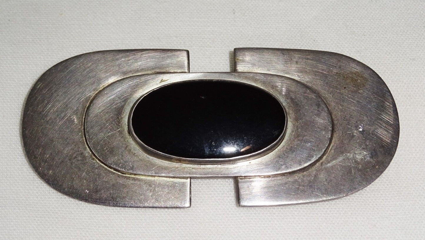 Vtg Modernist Handcrafted Sterling Silver Brooch Pin w Onyx Accent by LISL (Yir)
