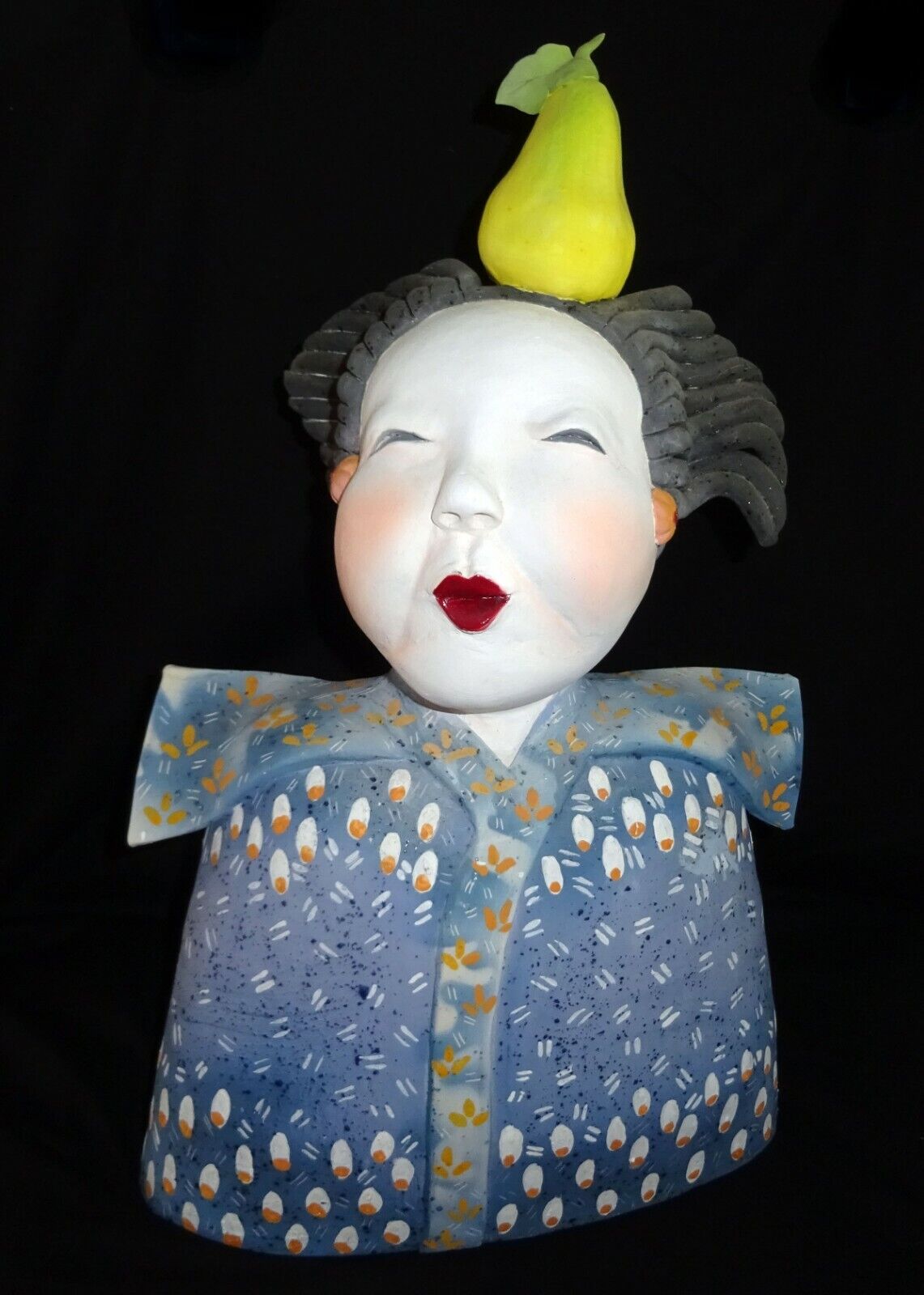 Hawaii Whimsical Pottery Sculpture "Balancing Act w. Pear" by Vicky Chock (Z)