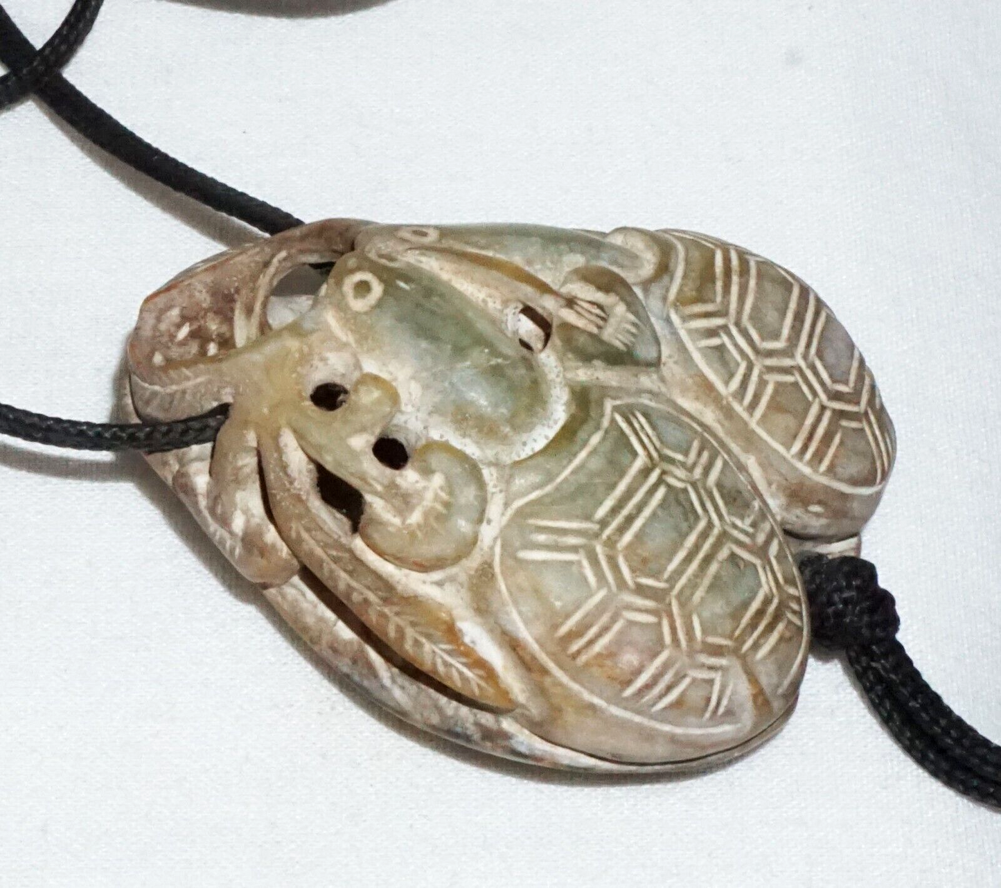 Vintage Chinese Steatite Carved Pendant w. Double Turtle Motif on Cord (InS)