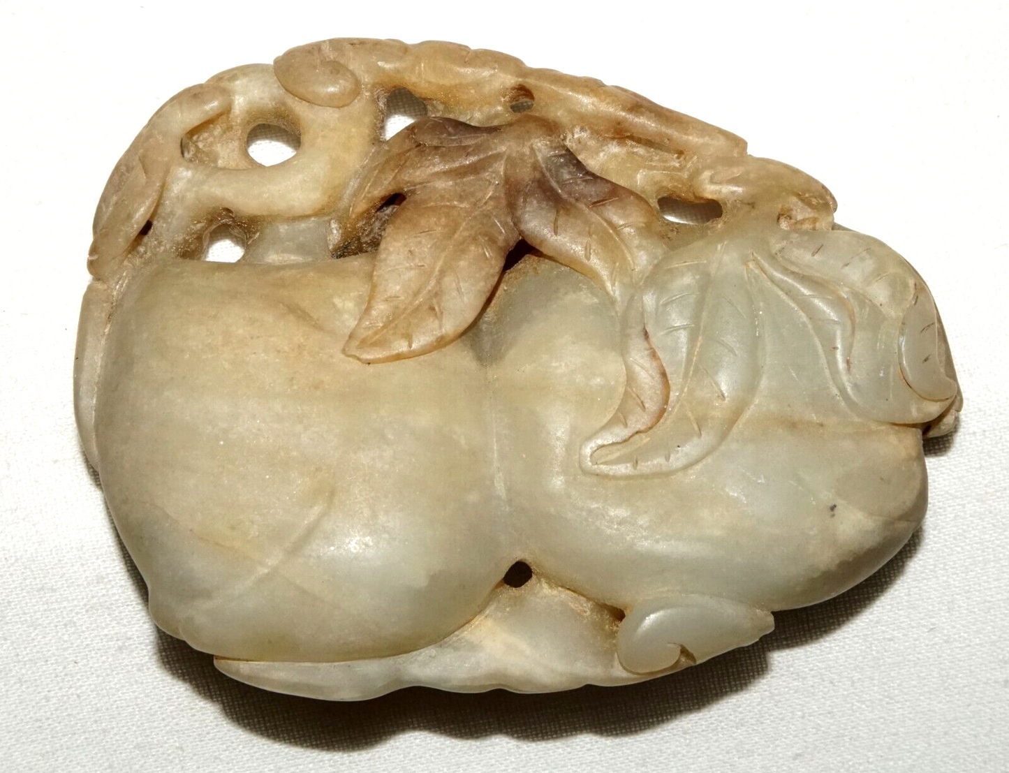 Antique Chinese Large Jade Carving Double Peaches & Double Bat Motif (Les)L21