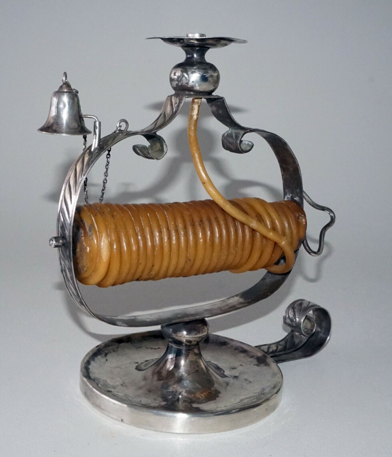 18C Spanish Silver Candle Stand Wax Jack w. Bell and illegible Hallmarks (MoW)