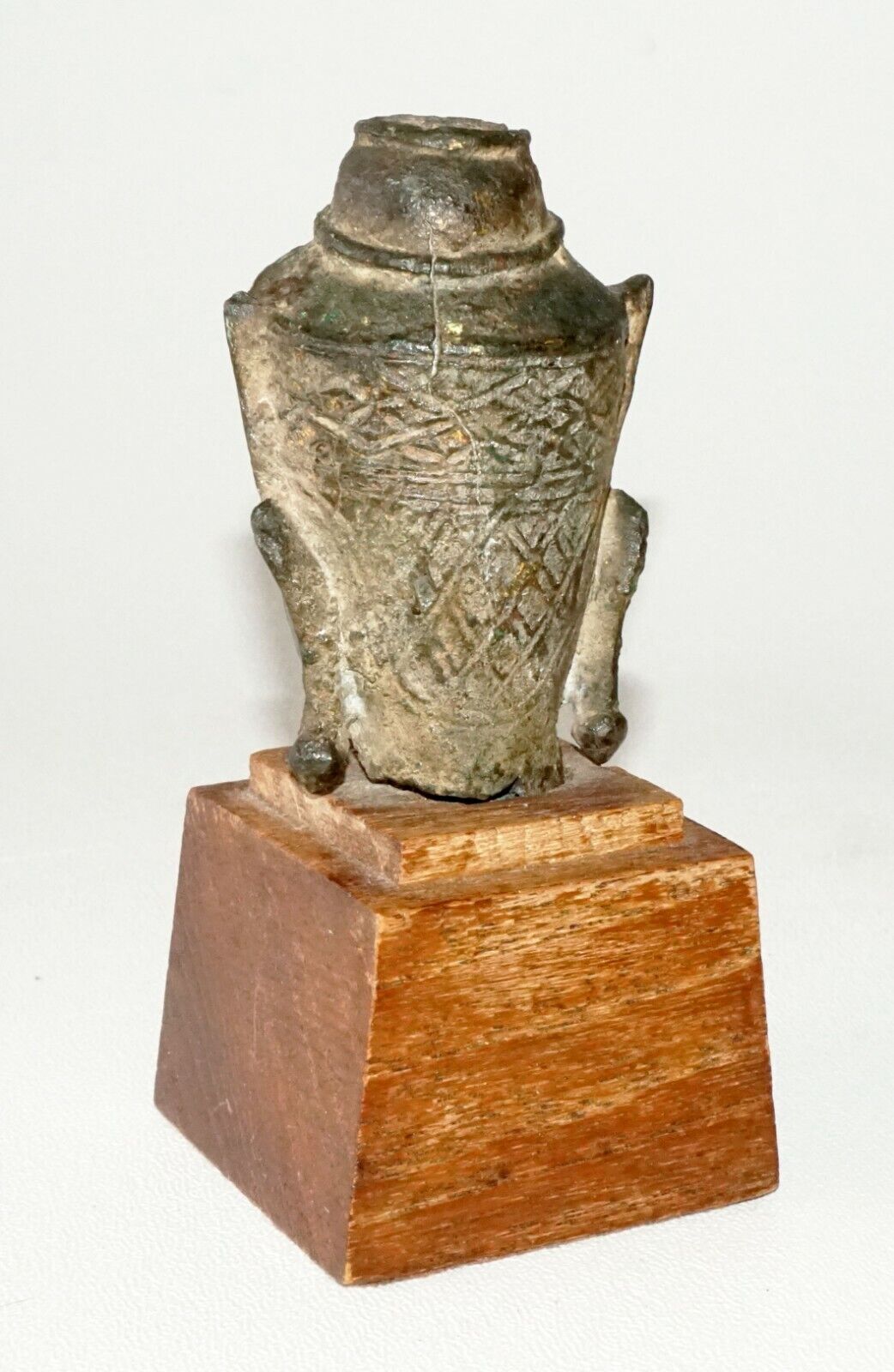 Antique S.E. Asian Mounted Bronze Buddha Head Fragment on Wooden Base (TaE)