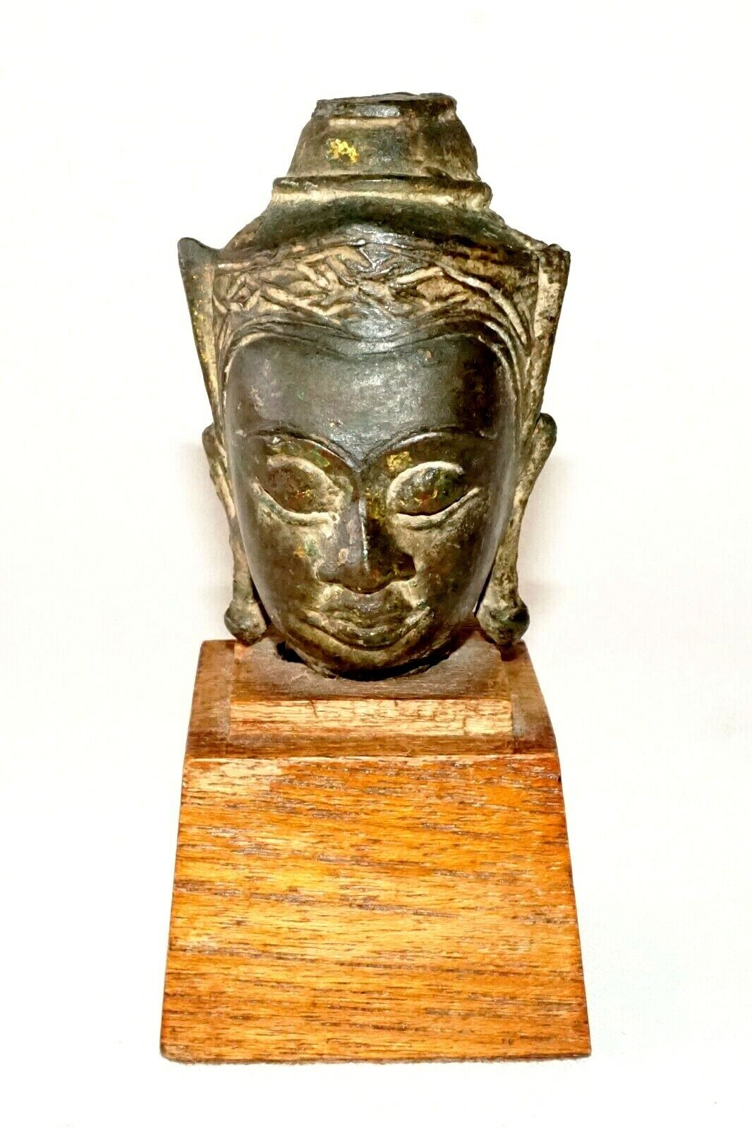 Antique S.E. Asian Mounted Bronze Buddha Head Fragment on Wooden Base (TaE)