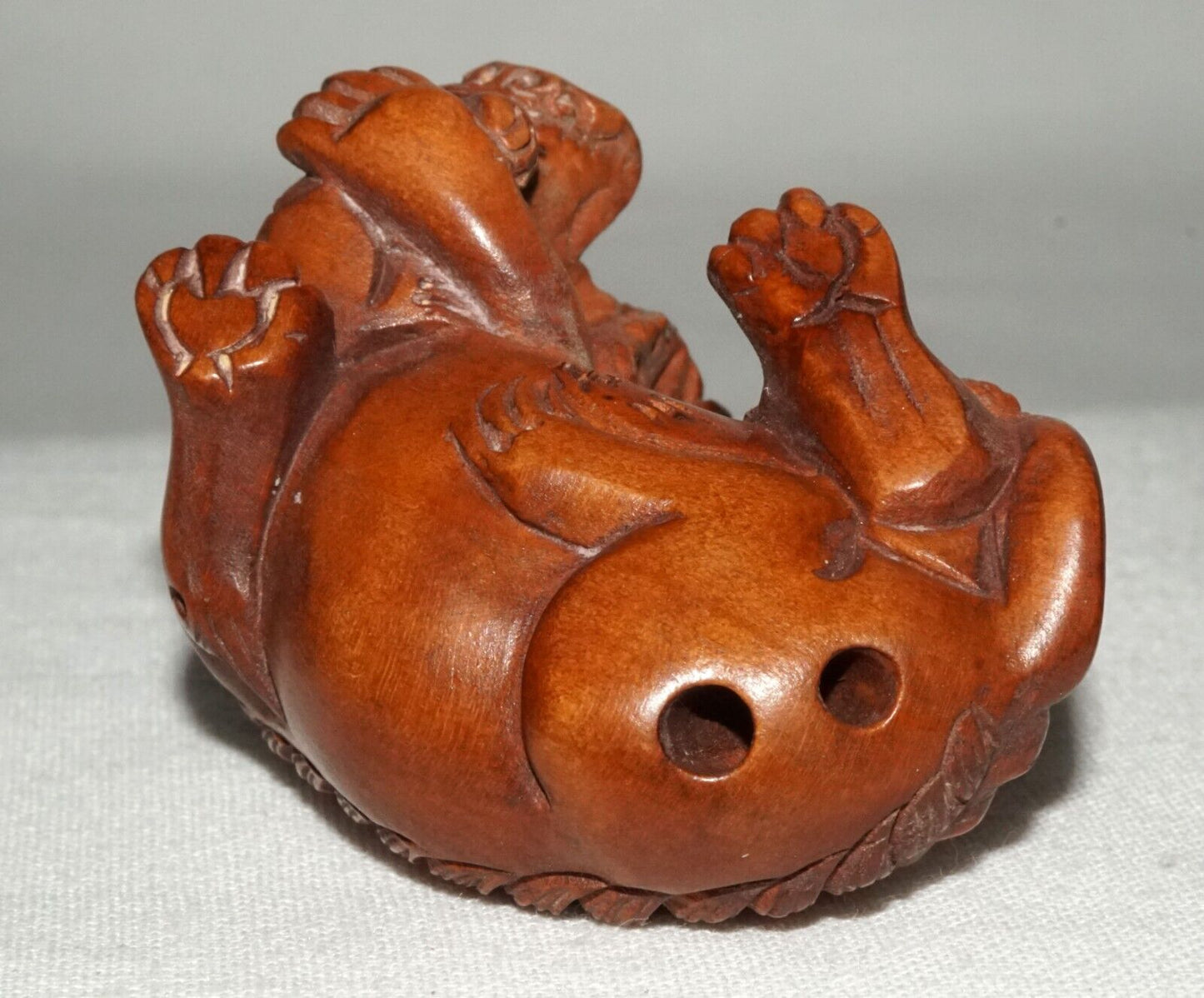 Vintage Japanese Wooden Carved Netsukes Lion Dog w. Baby Motif Signed (FeH