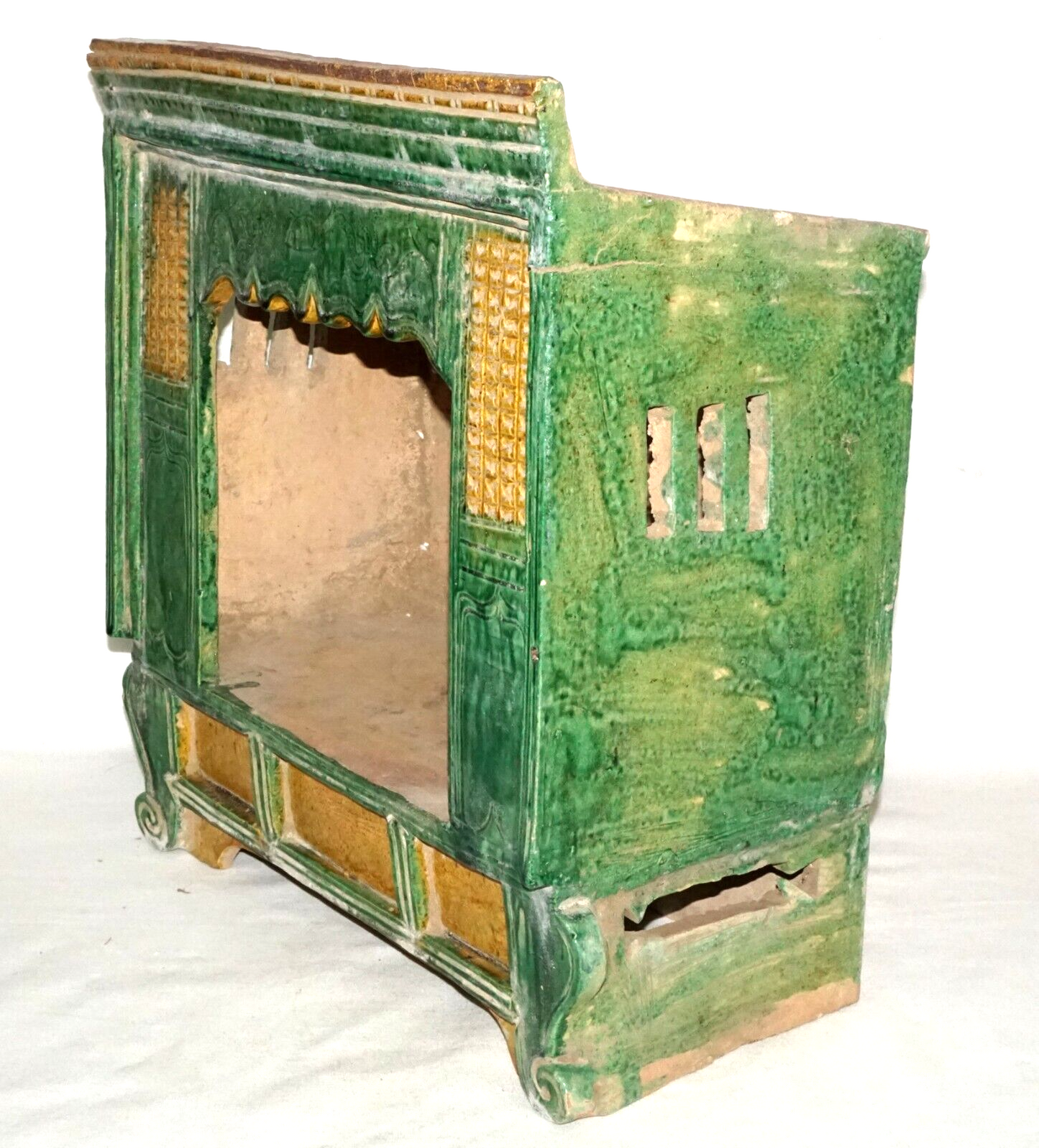 Antique Chinese Ming Green & Yellow Glazed Stoneware Mini Bed in Box (UVi)#11 IC