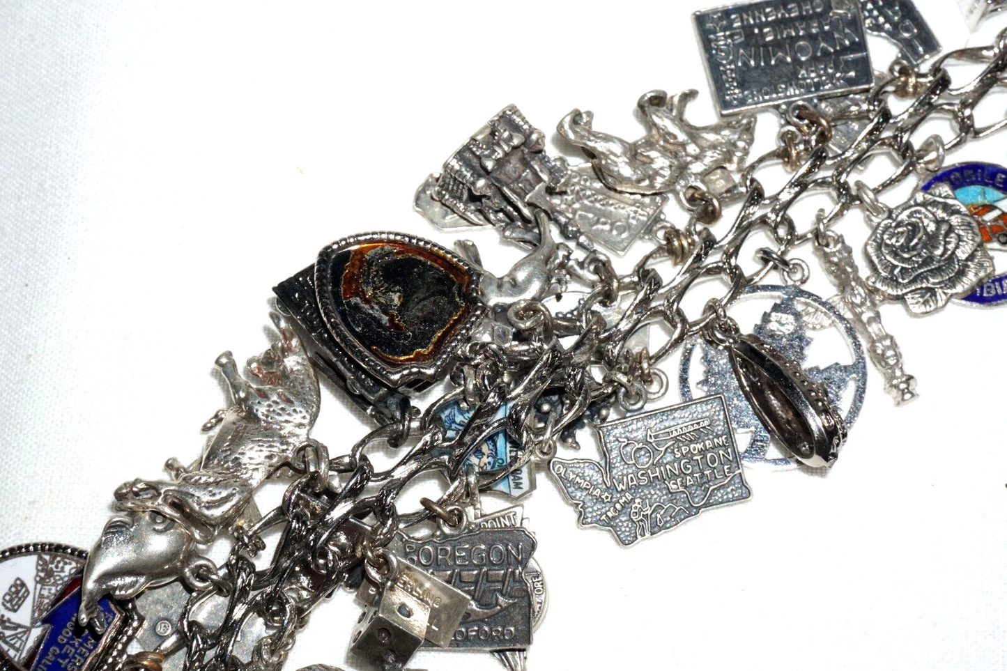 Vintage Sterling Silver Charm Bracelet w. 40x Travel & US State Charms (BrM)#6