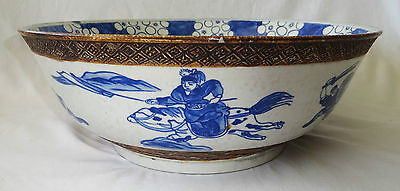 EARLY 20CT CHINESE BLUE & WHITE LG STONE WARE BOWL w. WARRIOR MOTIFS (BTG)