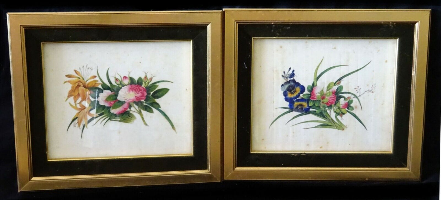 2Pc 19C Chinese Framed Export Floral Color Pith Painting Lot (AHB)