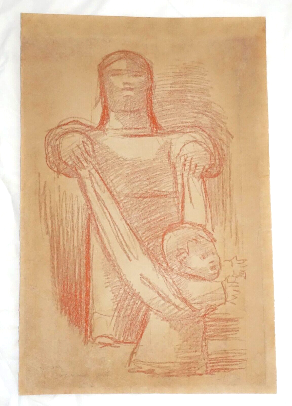 1960s Hawaii Conte Drawing Mother & Child by Jean Charlot (1898-1979)(TeJ)