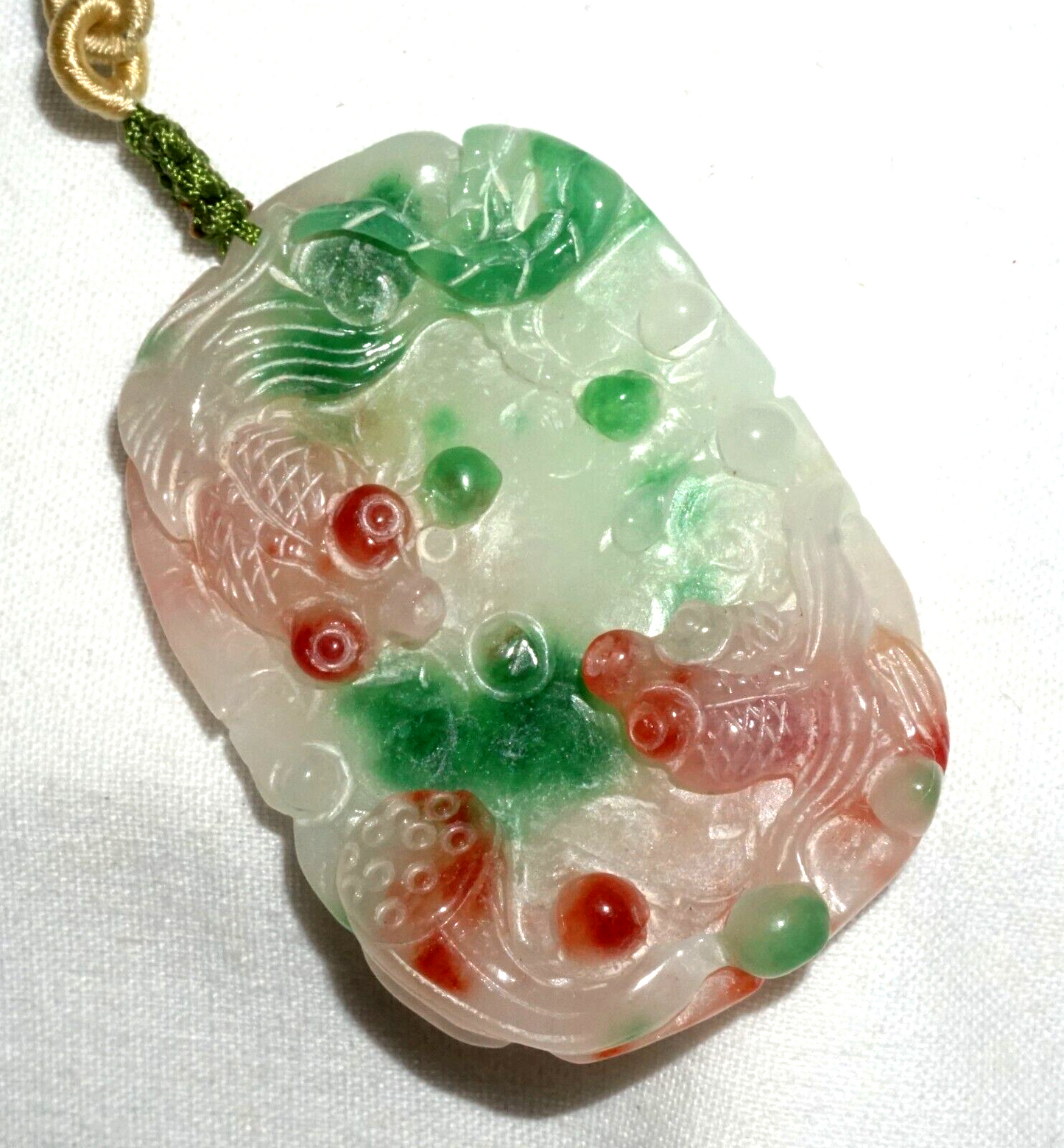 Vintage Chinese Semi Translucent Jadeite Jade Pendant w. Goldfish Motifs (---)