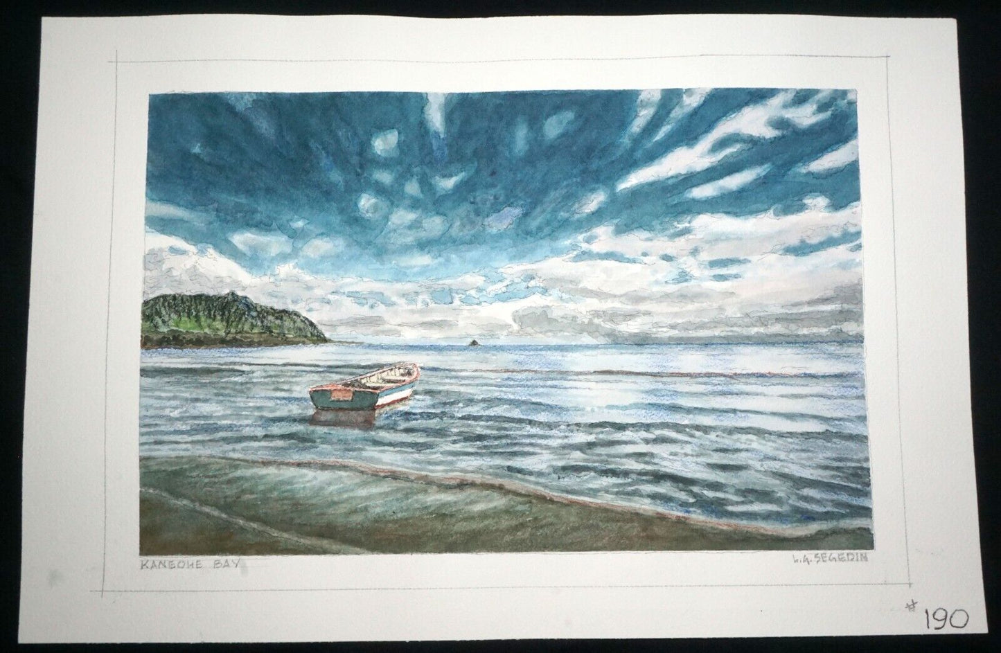 Hawaii Watercolor Painting Kaneohe Bay w. Boat by Larry Segedin #190