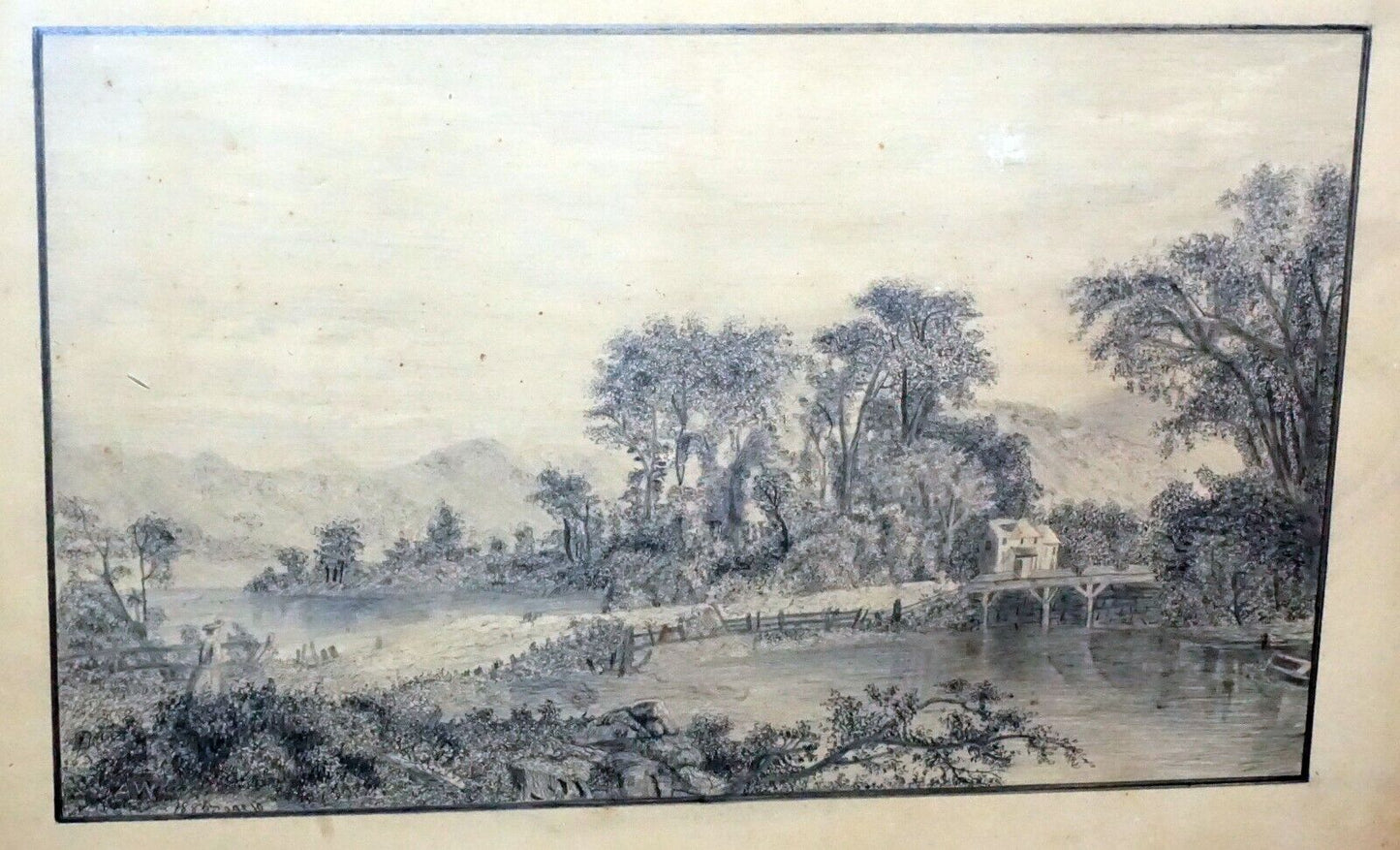 1883 US Gilt Framed Pencil Drawing Landscape w. Figure by A.W. (New)