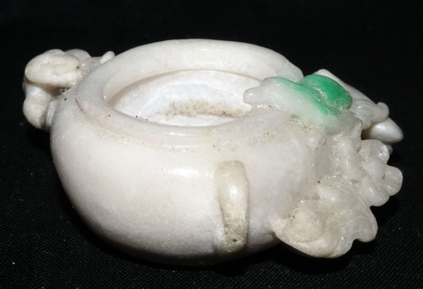 Vintage Chinese White & Apple Green Jade Mini Brush Washer Dragon Bird (LeS) G11