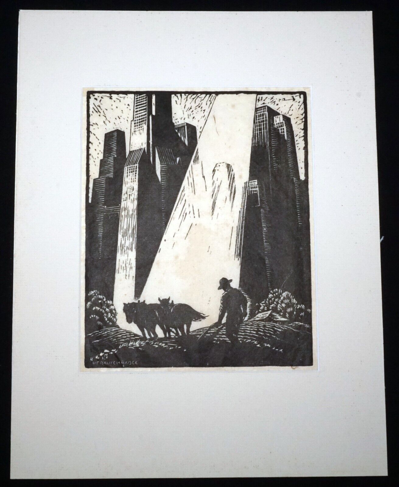 1940s US Lino Cut Print "Old & New" William Fredrick Rauschnabel (1883-1947)(FeH